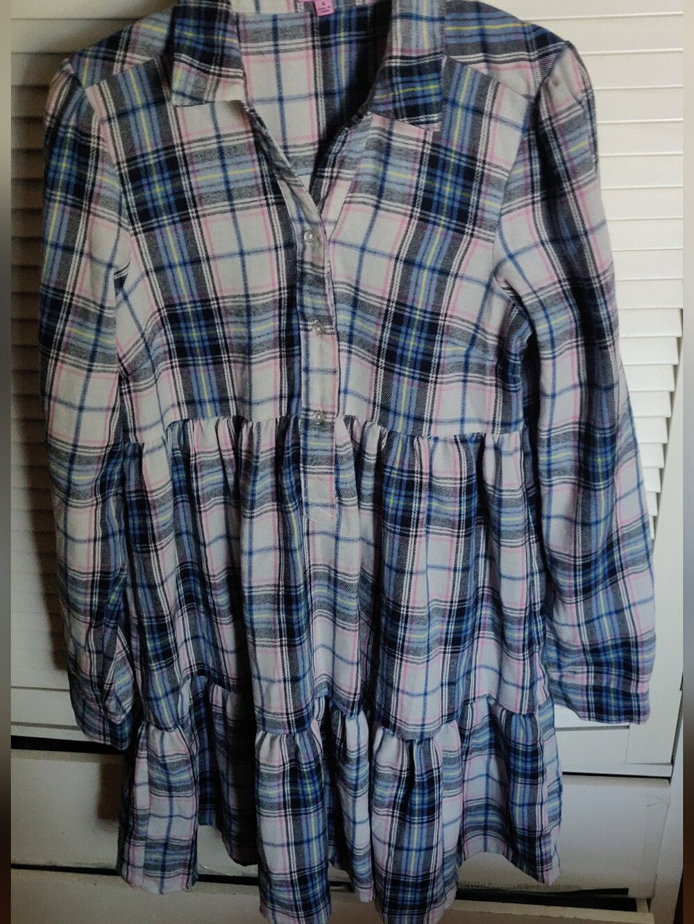 Francesca Mi Ami Plaid Tiered Flannel Mini Dress in Blue, Pink, White Small